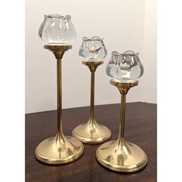Other - Vintage Graduated Brass Candlestick Holders Set 3 Glass Tulip Votive Cups Gold